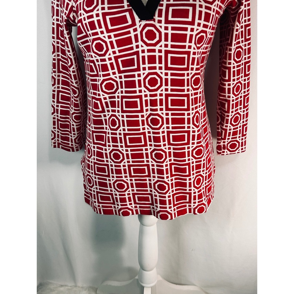Rafaella Womens Red White Geometric Print Split V-Neck Cotton Knit Top Small - Picture 4 of 9